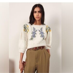 ba&sh Miro Cream Floral Embroidered Knit Sweater size S
